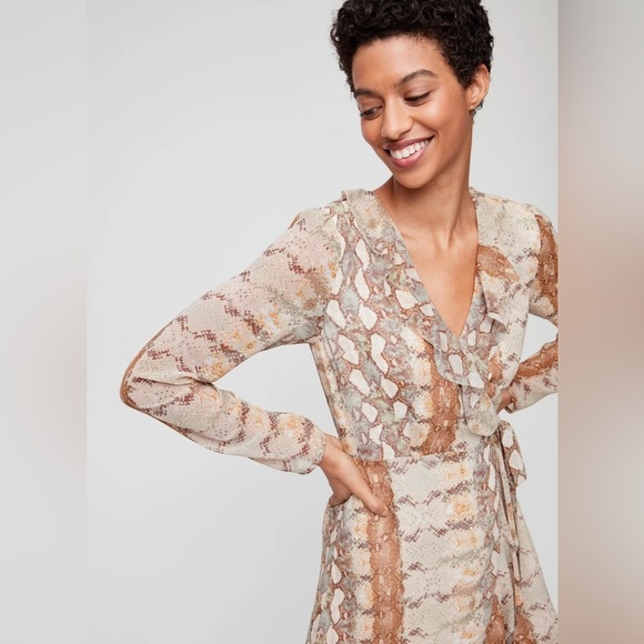 Wilfred Aritzia Louise Snakeskin Print Chiffon Wrap Ruffle Mini Dress - Picture 5 of 17